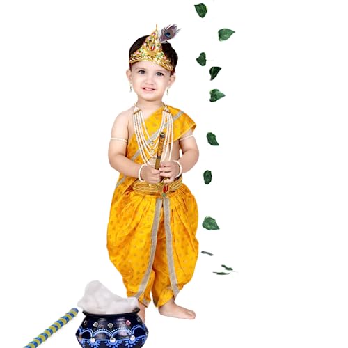 Image of ITSMYCOSTUME Krishna Dress for Baby Boy Kids Set of 10(Dhoti,Hip Cover,Patka,Mukut,Morpankh,Bansuri,Kamarband,Bajuband,Kundal) Little Krishna Ji Kanha Janmasthmi Costume