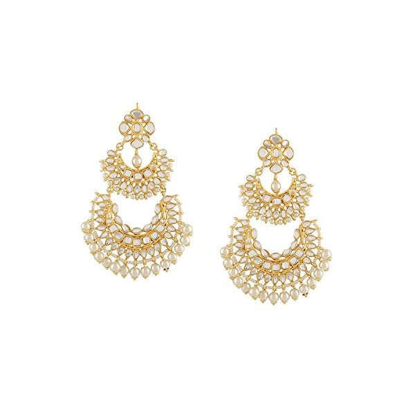 Accessher Gold Plated Traditional Chandbali Style Kundan and Pearls Embedded Statement Dangle Earrings with Push Back Closure for Women and Girls