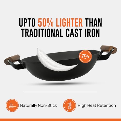 Image of KROSLO Lightweight Cast Iron Kadhai 28 cm | 100% Non-Toxic | Naturally Non Stick | Rust Resistant | Metal Spatula Friendly | Baby Food Safe