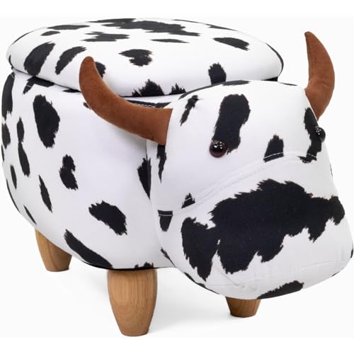 Image of Critter Sitters 15-In. Seat Height Black-White Cow Animal Ottoman with Storage, Soft Kids Ottoman for Nursery, Bedroom, Playroom, and Living Room Decor, Multifunctional Cushioned Animal Footstool