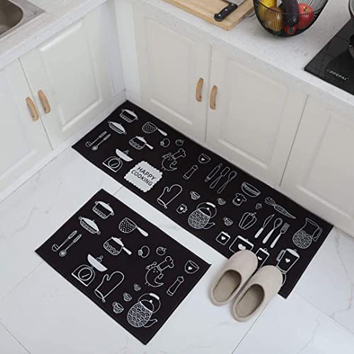 Azonee Kitchen Rugs Mat, 2 Pcs Black Anti Slip Machine Washable Kitchen Rugs and Mats, Very Thic 6-Mm, for Bedroom, Kitchen, Living Room, Dining Room Size (40 X 120 Cm and 40 X 60 Cm)
