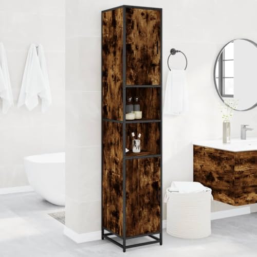 Brokky Armario de baño Madera Muebles auxiliares de baño Bathroom Cabinet Mueble de baño y Metal Roble Ahumado 35x37,5x188,5 cm
