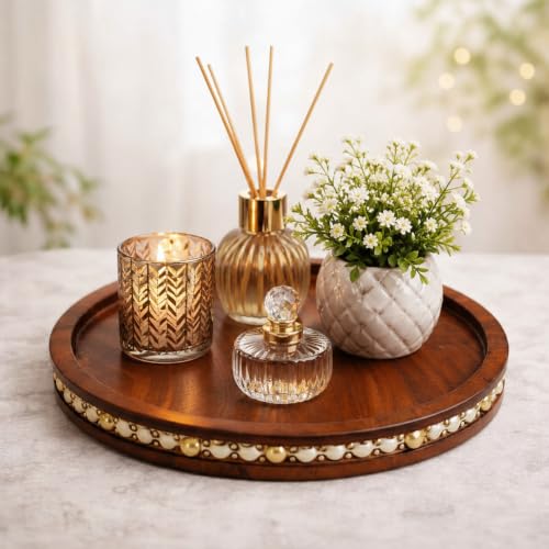 Wooden Decorative Tray with Golden Metal Border Round Coffee Tabl...