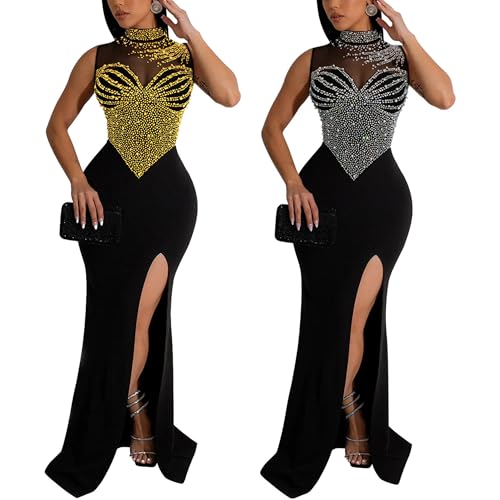 Image of Jigfar Women Sexy Elegant Rhinestone Mesh See Through Party Club Night Split Bodycon Formal Maxi Dress