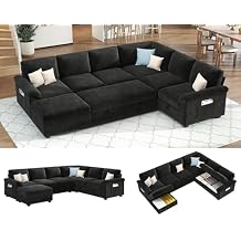 Jocisland 105" Sofa Bed, Sectional Sleeper Sofa with Pull Out Bed/Reclining Backrest, Sleeper Couch Bed with Storage, 6 Seater Couch Bed for Living Room, Chenille Black