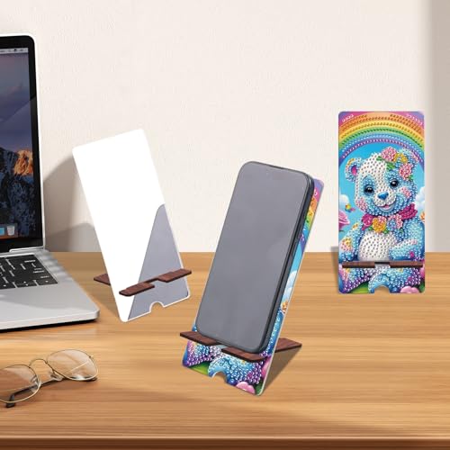 Image of Bear in Rainbow Diamond Painting Phone Stand with Mirror, DIY Wooden Diamond Art Desktop Holder, 2-in-1 Diamond Painting Tabletop Ornament - Phone Stand and Mirror for Home and Office