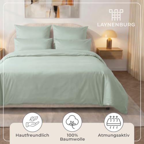 Foto von LAYNENBURG Premium Mako Satin Bettwäsche in 135x200 + Kissenbezug 80x80 cm - 100% Baumwolle – Oeko-TEX 100 - kühlende, temperaturausgleichende Sommer-Bettwäsche mit Reißverschluss (salbeigrün)