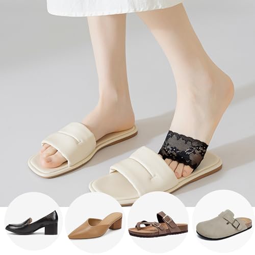 Image of DUNKOING 4 Pairs Lace Open Toe half Socks Womens Cushion Padded Toe Topper Socks for Heel Mule Sandals Clog 5-9 (lace, 2beige2black)