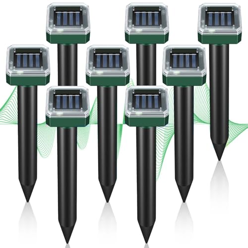 Mole Repellent Solar Powered, Outdoor Yard and Garden Ultrasonic Repeller, Get Rid of Moles Gopher Vole Groundhog Snake Chipmunk, Waterproof Sonic Spikes Mole Deterrent (8pack)