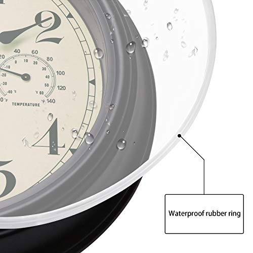 Foxtop Indoor Outdoor Waterproof Wall Clock With Thermometer And Hygrometer Combo, 12 Inch Retro Silent Non-Ticking Battery Operated Quality Quartz Round Clock For Patio Home Decor (Black) #TOP5