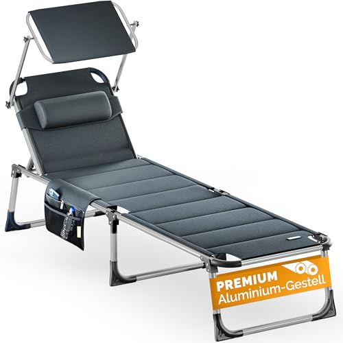 Casaria® Sonnenliege klappbar Wetterfest mit Dach Kopfkissen Seitentasche Gartenliege leicht Aluminium Sonnenliege Liegestuhl 150kg Grau meliert