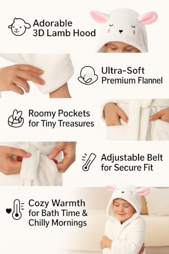 ACTLATI Toddler Dinosaur Lamb Hooded Bathrobe – Soft Flannel Robe with Tail, Belt & Pockets, Cozy Robe for Kids Ages 3-74