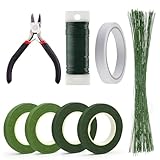 4 Rollen Floristenband 27m, 100 Pcs Blumendraht Floristik Kreppband Floristikdraht Grün Steckdraht, Draht-Schneider und Doppelseitigem Klebeband für Wrapping Blumensträuße und floralen Handwerken