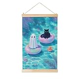 Woshuwo Pintura colgante de lino con fantasma y gato negro en la piscina,...