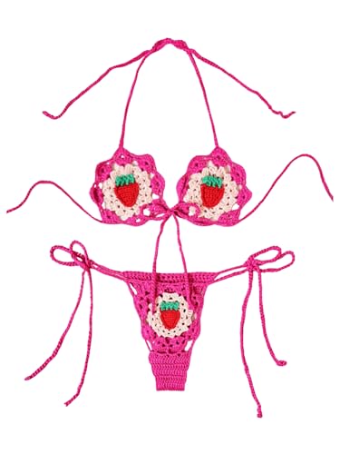 MakeMeChic Women's Crochet Knit Cover Up Set Strawberry Halter Bikini Top and Thong Swimsuit Set
