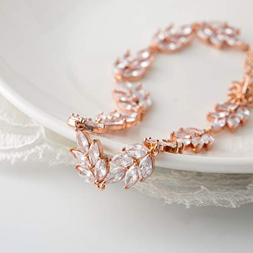 Sweetv Rose Gold Bracelet Wedding Bridal For Brides,Bridesmaid-Crystal Cubic Zirconia Bracelet Leaf Vine Vintage Style #TOP2