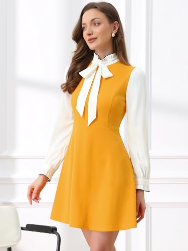 Image of Allegra K Tie Neck Dresses for Women's 1960s Vintage Long Sleeve Contrast Color Dress