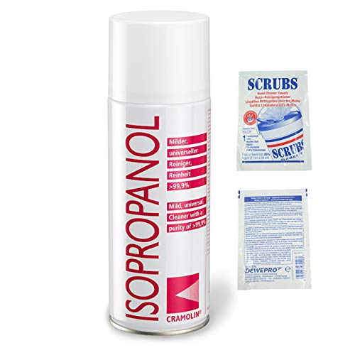 Preisvergleich Produktbild ISOPROPANOL - 200ml Spraydose - Isopropylalkohol - hochreines Lösungsmittel - Reinheit > 99,9% - Universalreiniger - Cramolin - 4021411 inkl. 2 St. DEWEPRO® SingleScrubs - 2-Propanol IPA Propan
