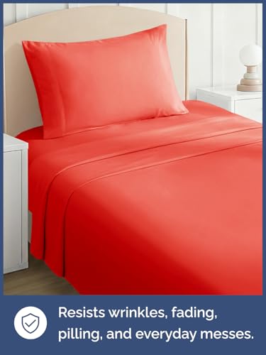 Image of Kids Twin Size Bed Sheet Set - 3 Piece Kids Loft Bed Sheets - Solid Red Themed Bedding - Soft, Cute and Cozy - Breathable and Machine Washable - Bedding for Boys, Girls, Teens & Toddlers - Oeko-Tex