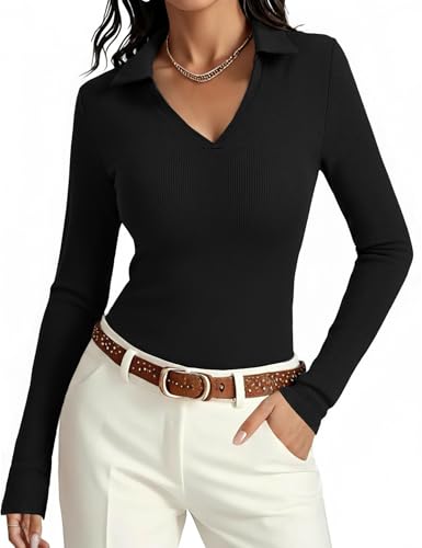Aottori Camiseta Polo Mujer Manga Larga Slim Fit Cuello V Elegante Básico Elástica Cómoda Ropa Casual Oficina Tops Ligeros de Punto para Primavera Otoño Negro S