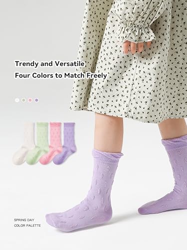 Girls Socks Dot Pattern Ruffed Crew Mid-Calf Solid Boneless Mesh Cute Casual Socks for Girls 4 Pairs3