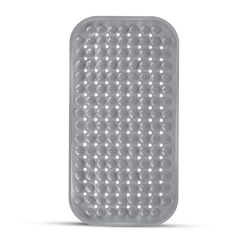 Image of Storite Rectangular Anti Skid Bath Mat with Foot Scrubber for Bath Room Shower Mat with Suction Cups & Drain Holes Silicone Floor Mat for Kids & Adults (70 X 35cm, Grey)