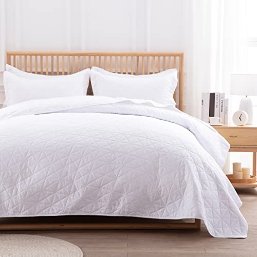 Sunstyle Home Full/Queen Size Quilt White 3 Pieces - Lightweight Summer Quilt Set Full/Queen - Down-Alternative Quilt - Soft Bedspread Coverlet Bedding Set For All Season(1 Quilt, 2 Pillow Shams) #TOP6