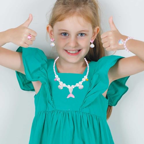Jewelry Set For Girls Necklace Bracelet Earring ring Set Mermaid Necklace For Girls Jewelry Set Halloween Christmas Birthday Gift over 3 years old.4