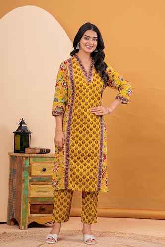 Image of MEERA FAB Women's Cotton Blend Straight Printed Kurta with Palazzo & Dupatta