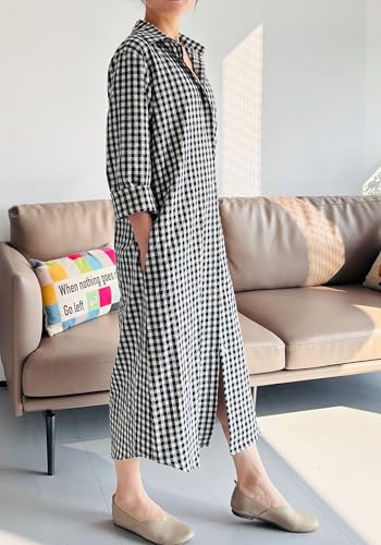 Minibee Women's Plaid Shirts Dress Button Down Long Sleeve Cotton Casual Blouses Dresses with Pockets3