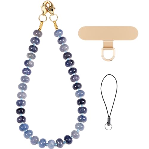 CH.yishi Gemstone Beaded Phone Charm Wrist Strap with Steel Cable Core Stringing, Detachable Phone Bracelet Strap with Metal Tether Tab (Blue Aventurine)