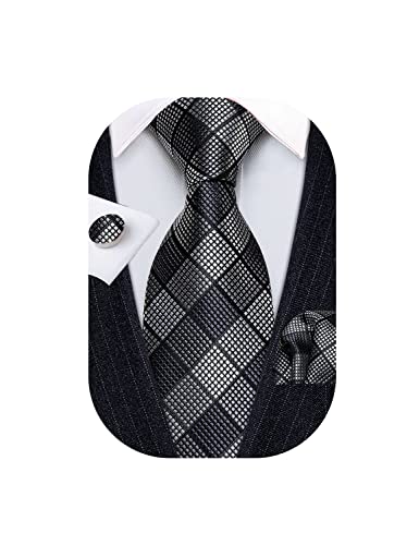Barry.Wang Mens Plaid Check Silk Necktie Formal Business Wedding Luxury Ties and Pocket Square Cufflinks Set (D Black Silver)