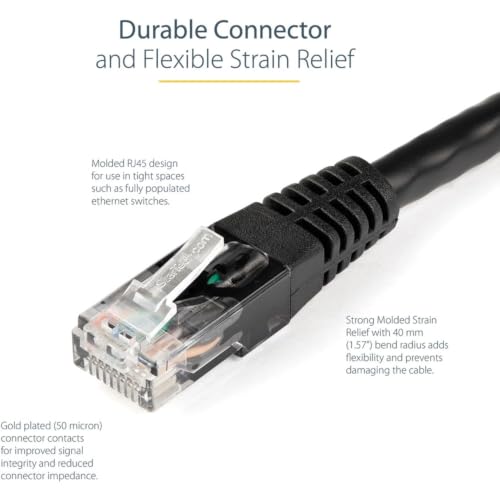 Image of StarTech 35ft CAT6 Ethernet Cable - Black CAT 6 Gigabit Ethernet Wire -250Mhz 100W PoE RJ45 UTP Molded Network Patch Cord with Strain Relief (C6PATCH35BK)