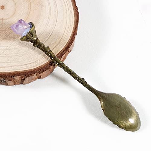 Soulnioi Vintage Carved Crystal Spoons Retro Decorative Coffee Stirring Spoons Dessert Spoons Ice Cream Spoon with Amethyst Crystal Head for Cafe Office Tableware -Brass - Image 3