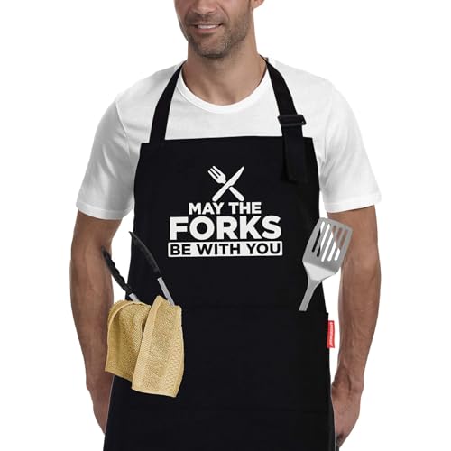 Mens BBQ Grilling Kitchen Aprons-May The Forks Be with You, Novelty Funny Cooking Apron for Movie Fans, Black Chef Apron, Adjustable Cotton Apron with 2 Pockets, Gifts for Him, Men, Husband, Boyfriend