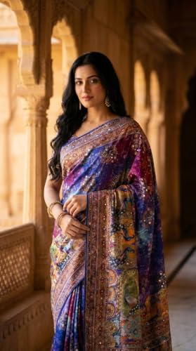 Image of Ajrakh Sarees for Women Roman Silk Ajrakh Print Saree for Woman with Mirror Work Border Pallu & Kodi Latkan with Blouse Piece Designer Ethnic Wear