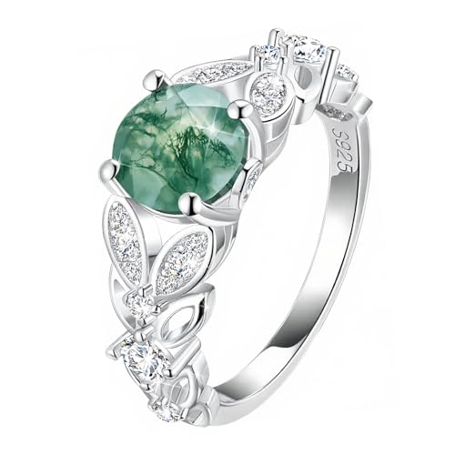 S925 Sterling Silver Natural Moss Agate Ring Engagement Ring Wedding Promise Ring Jewelry for Women