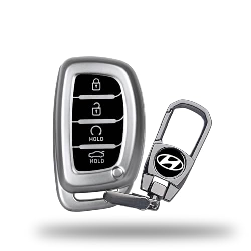 Image of SIAGO Premium TPU Car Key Cover and Metal Keychain Compatible with Hyundai Alcazar and Creta 2021 2022 & 2023 Car 4 Button Smart Key (Grey)