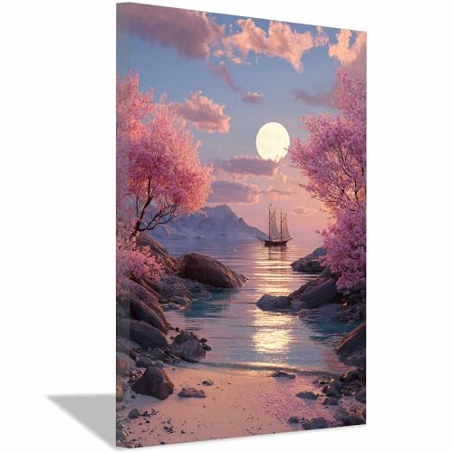 Peinture la lune et la mer pour réveiller un mur blanc paysage rose encadrée 40x60