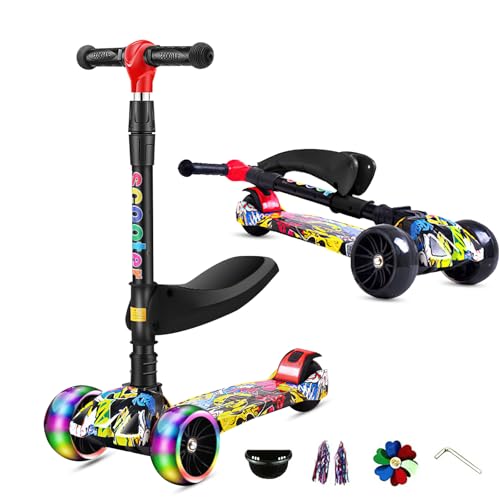 EagerMinds Patinete de 3 Ruedas para Niño Niña 2-12 Años, Plegable Patinete Infantil con LED Luces Ruedas & Stem & Deck, 4 Altura Ajustable, Scooter Patinete Ligero Capacidad de Peso hasta 100kg