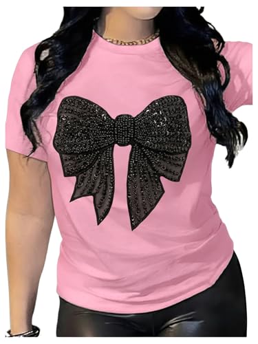 Image of RoseSeek Women's Rhinestone Sequin Bowknot Graphic Tees Short Sleeve Crewneck Summer Tops Going Out T Shirt