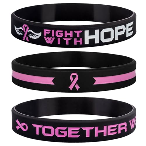 Sainstone Get Well Soon Gifts Pink Awareness Ribbon Bracelets with Motivational Quote - Fight With Hope, Together We Fight, Cancer & Cause Wristbands for Men Women Patients Survivors (Unisex)