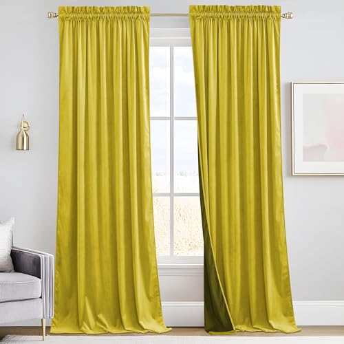 Image of RYB HOME Yellow Velvet Curtains 90 inches for Bedroom Living Room | Thermal Insulated, Privacy, Sunlight UV Heat Blocking, Luxurious Decor, Dining Room Nursery, Rod Pocket, W52 x L90, 2 Panels
