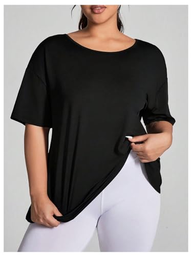 OYOANGLE Women's Plus Size Open Back Workout Tops Short Sleeve Criss Cross T-Shirts Athletic Gym Tee Top3