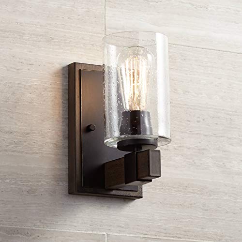 Image of Franklin Iron Works Poetry Industrial Farmhouse Rustic Wall Light Sconce Bronze Wood Grain Hardwired 4 3 /4 inch Fixture Clear Seedy Glass Shade for Cottage Core Bedroom Bedside Bathroom Vanity