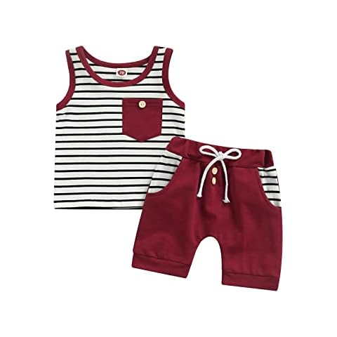 Toddler Baby Boys Clothes Summer Outfit Striped Print Sleeveless Vest Tops Drawstring Shorts Set, Brick Red, 18-24 Months Cover