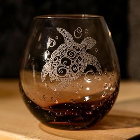 Integrity Bottles Tribal Sea Turtle Design Stemless Wine Glass, Handmade, Handblown, Hand Etched Gifts, Sand Carved, 18oz (Bubbly Purple) Cover