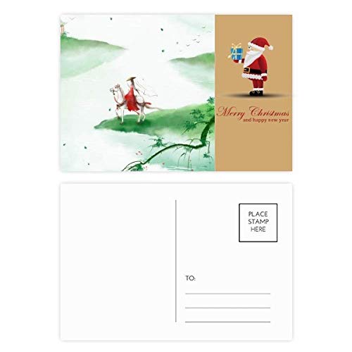 Cartes postales aquarelle chinoise Pere Noel et cheval pour correspondance et vœux