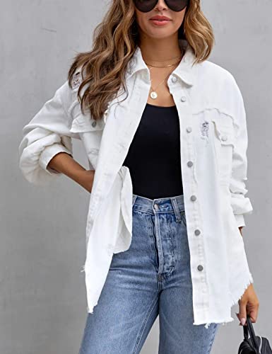 Omoone Women's Ripped Distressed Denim Jacket Casual Long Sleeve Boyfriend Jean Coat Basic Trucker Jackets  (3536-White-Xxl) #TOP2