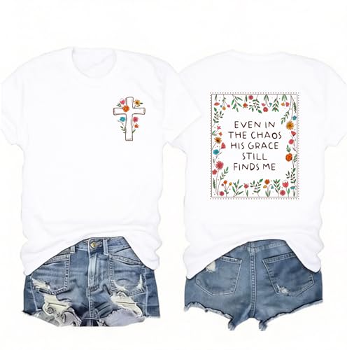 COMIZ Christian Shirts for Women Bible Verse Cross Print T-Shirt Even in the Chaos His Grace Still Finds Me Tee Tops